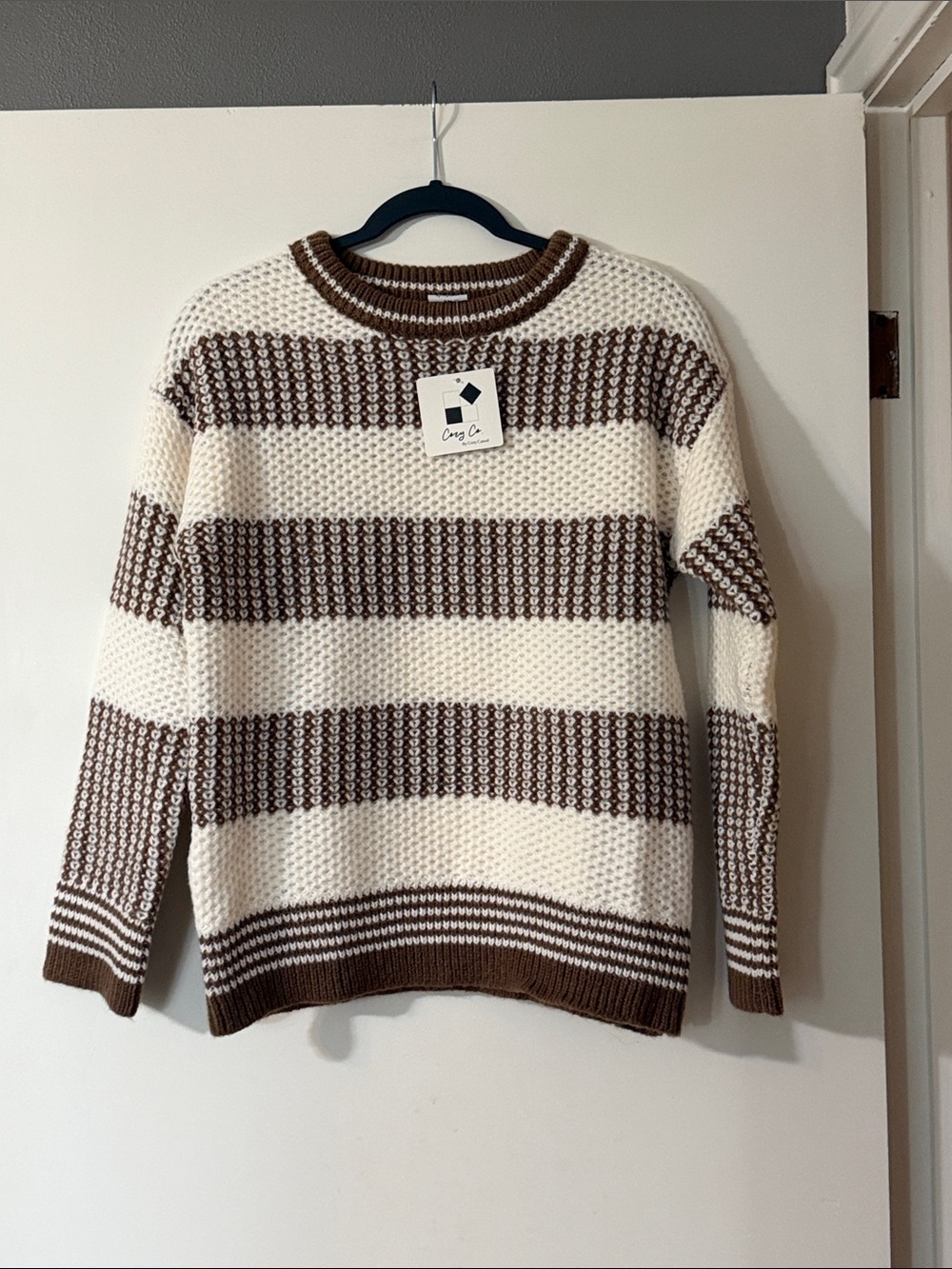 Cozy Casual Chunky Striped Crewneck Sweater - Cream & Brown